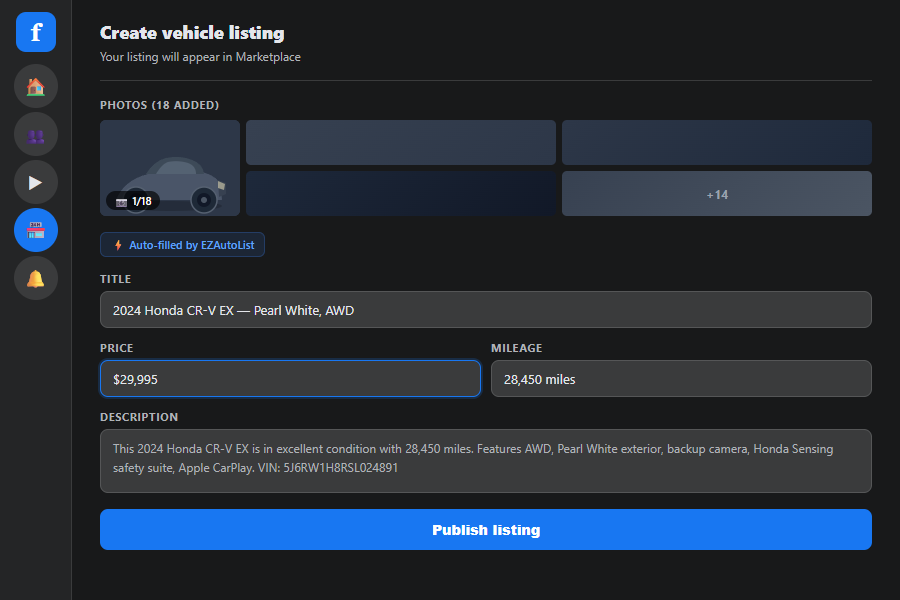 Facebook Marketplace create vehicle form auto-filled